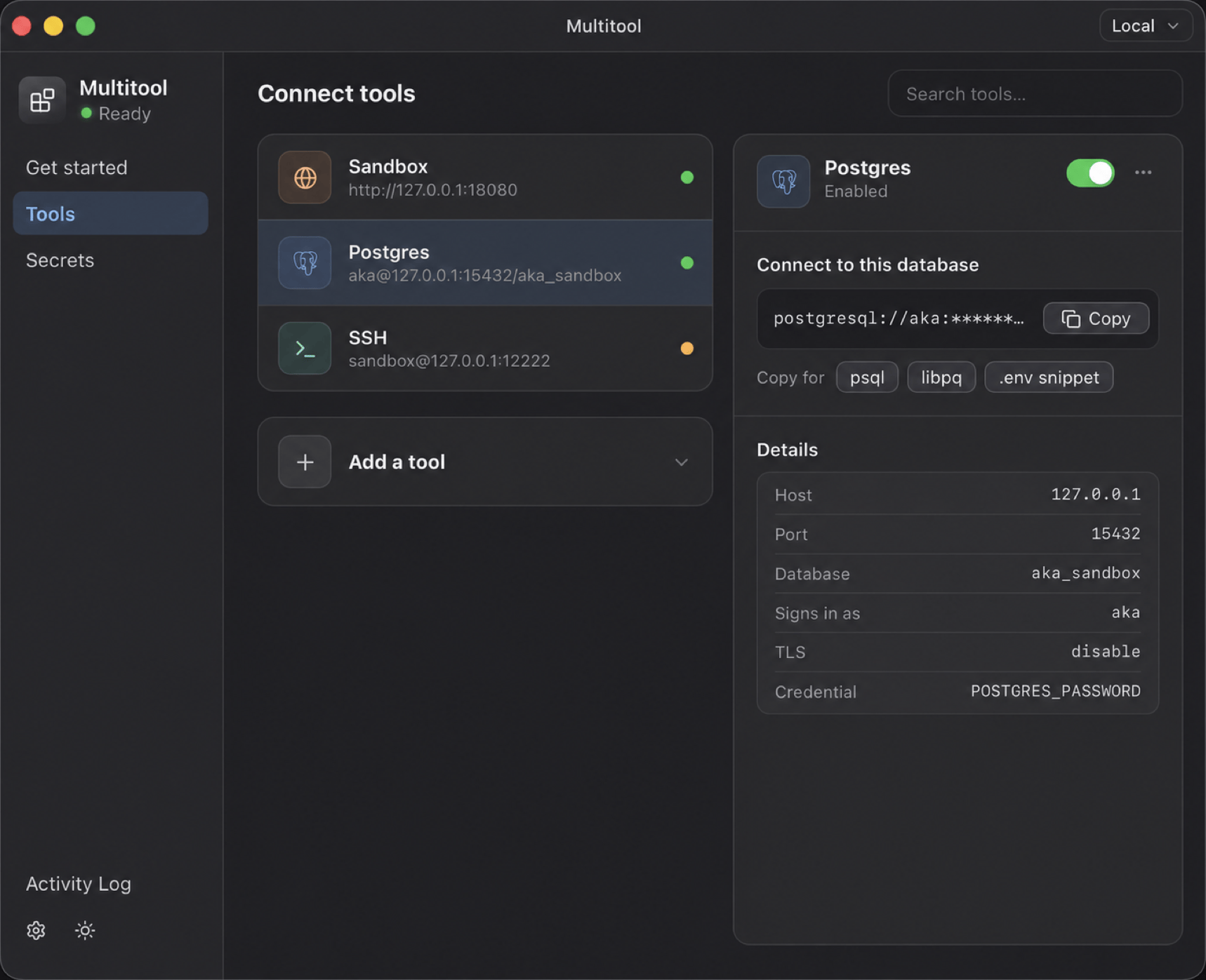 Multitool desktop app showing connected tools: Sandbox, Postgres, and SSH