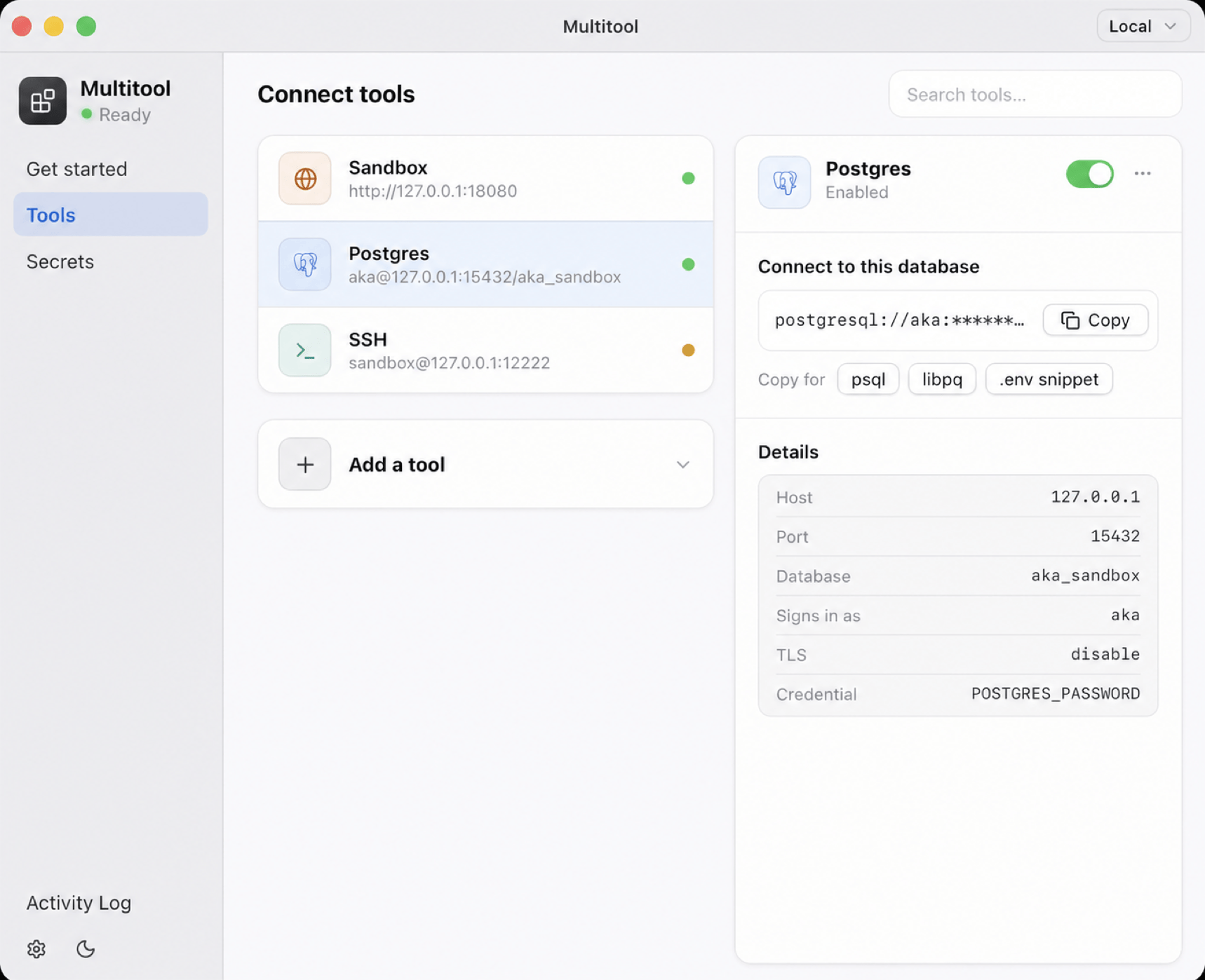 Multitool desktop app showing connected tools: Sandbox, Postgres, and SSH